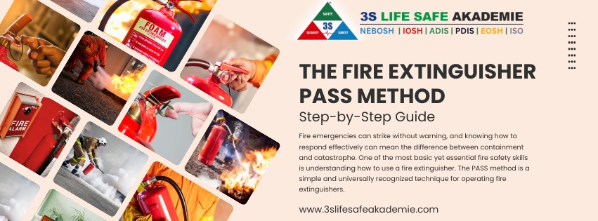 Illustrative guide to the Fire Extinguisher PASS Method, showing steps to safely operate a fire extinguisher, provided by 3S Life Safe Akademie.