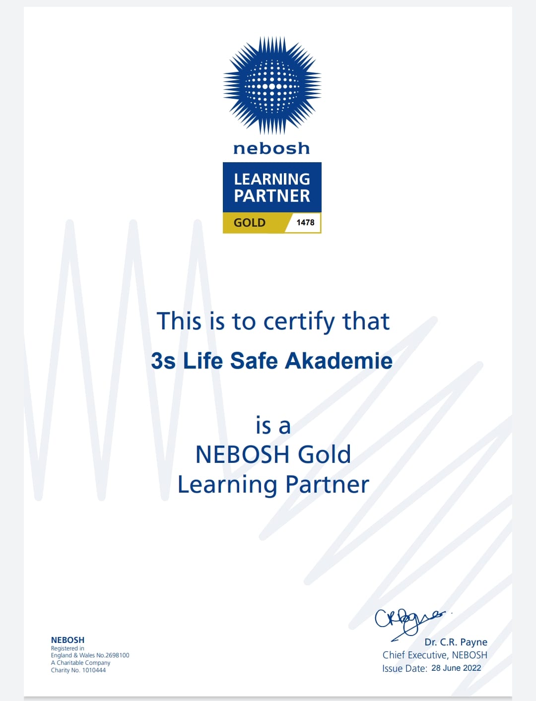 NEBOSH Learning Partner showcased by 3S Life Safe Akademie, highlighting professional safety qualifications.