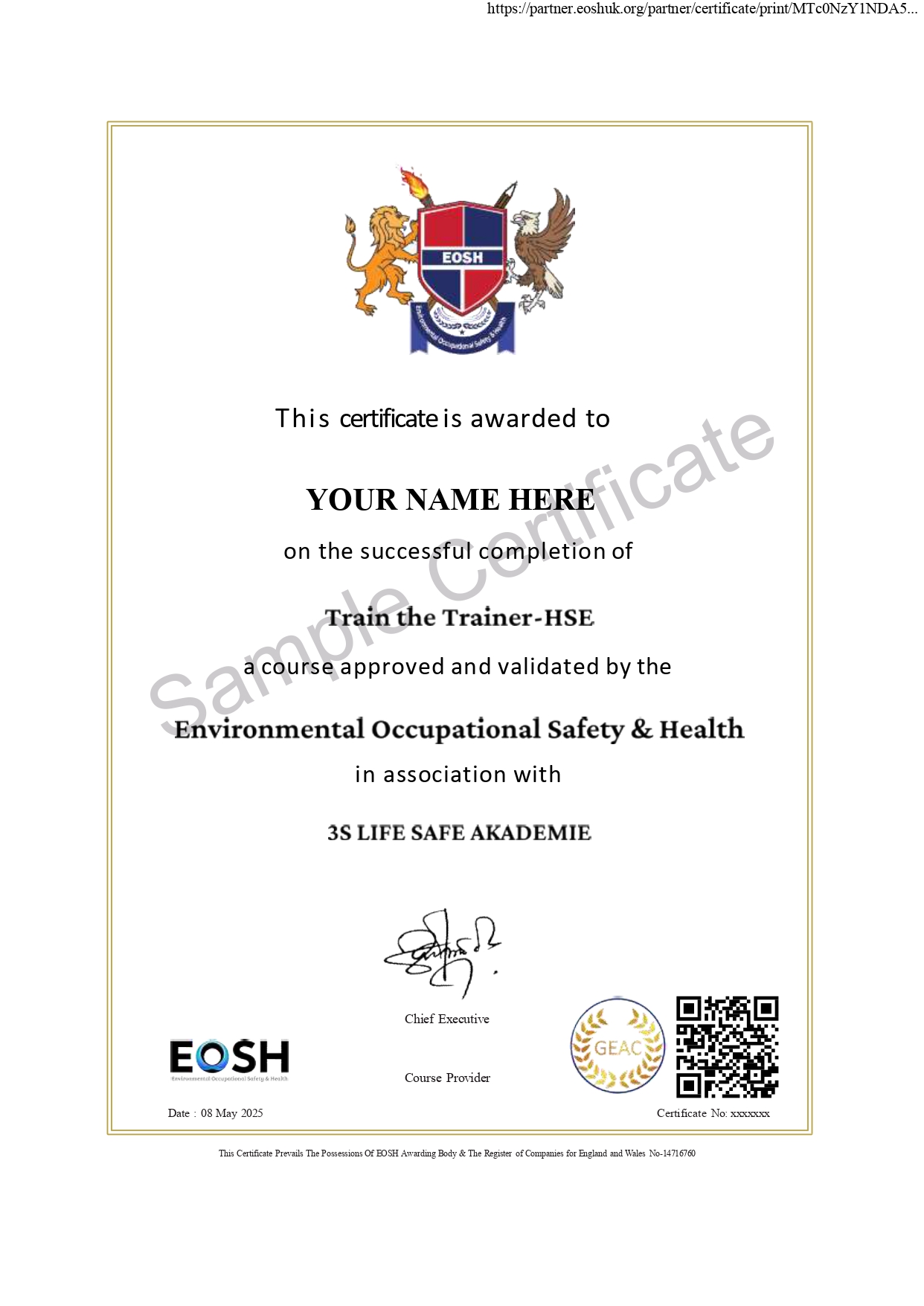 HSE Train the Trainer Sapmle Certificate | 3S Life Safe Akademie